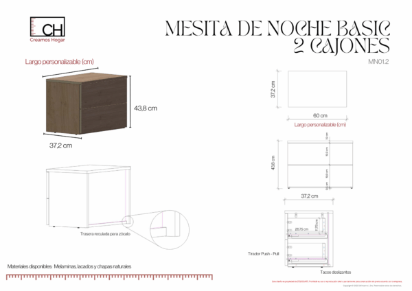 Mesita de noche de madera con dos cajones | Basic