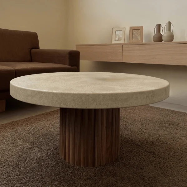 Mesa de Centro Zenith – Redonda con Listones Nogal ListRound y Sobre Efecto Nature Canapa