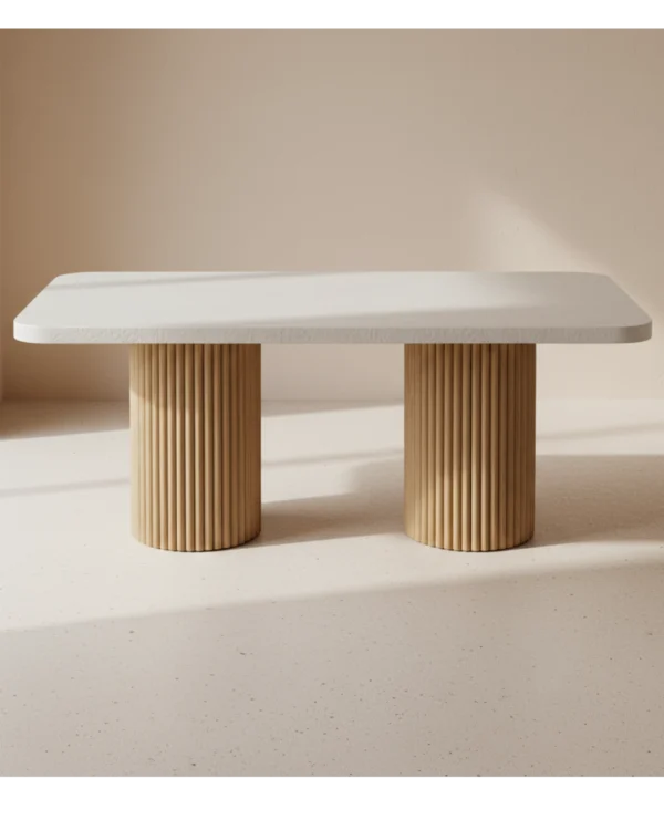 Mesa de comedor Zenith – Diseño Curvado con Listones de Madera y Efecto Nature