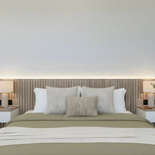 ListNight | Cabecero con listones, luz LED y mesitas flotantes integradas