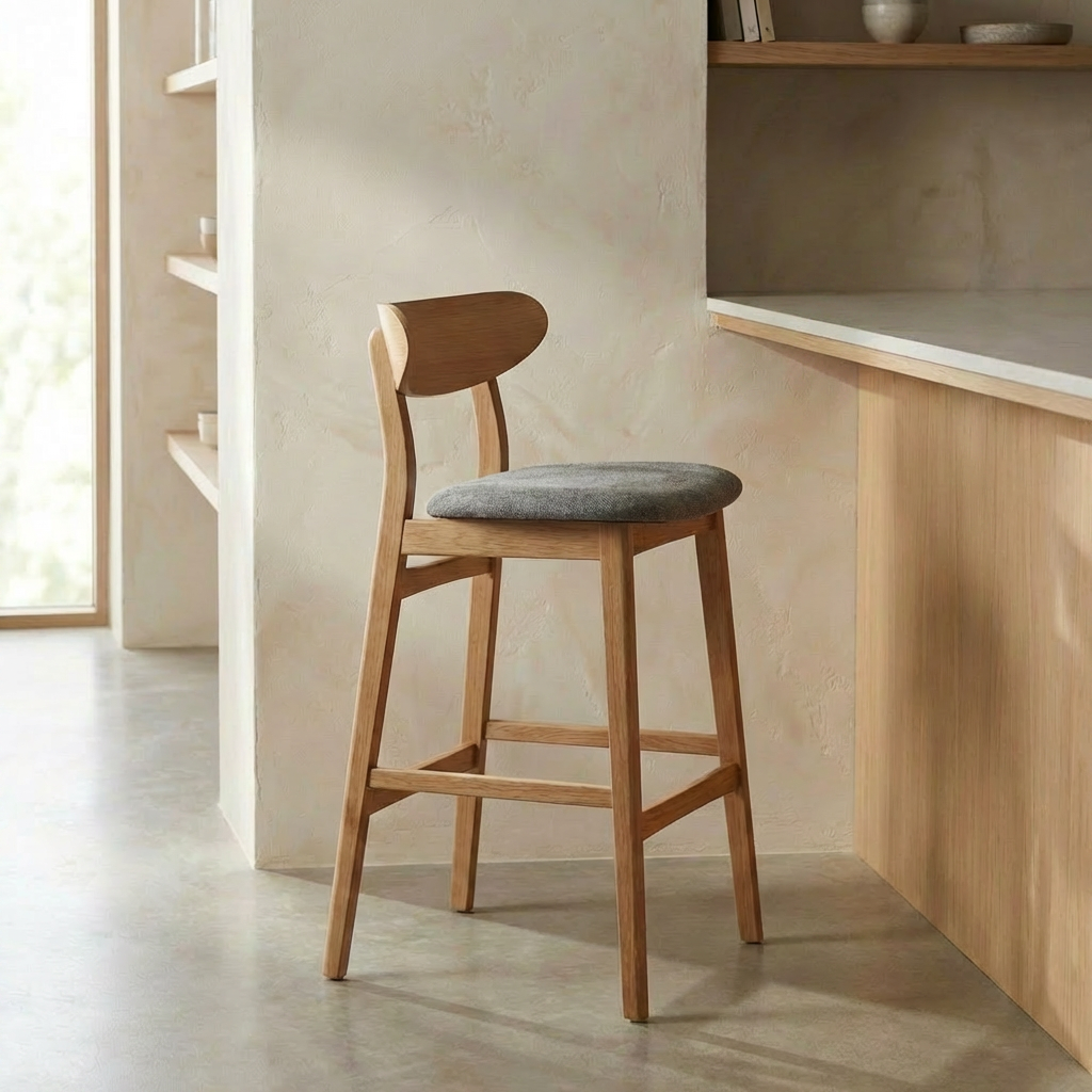 Taburete de Cocina Arlo en Madera Natural con Asiento Tapizado