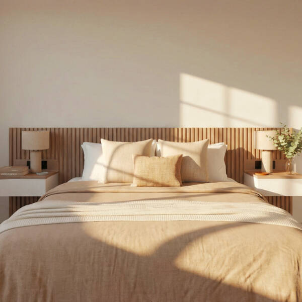 ListNight - Cabecero con listones, luz LED y mesitas flotantes integradas